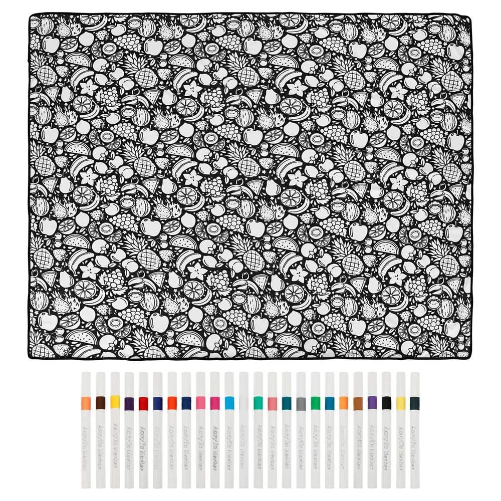 Le plaid étalé à plat, entièrement non colorié, avec les 24 marqueurs acryliques alignés dessous