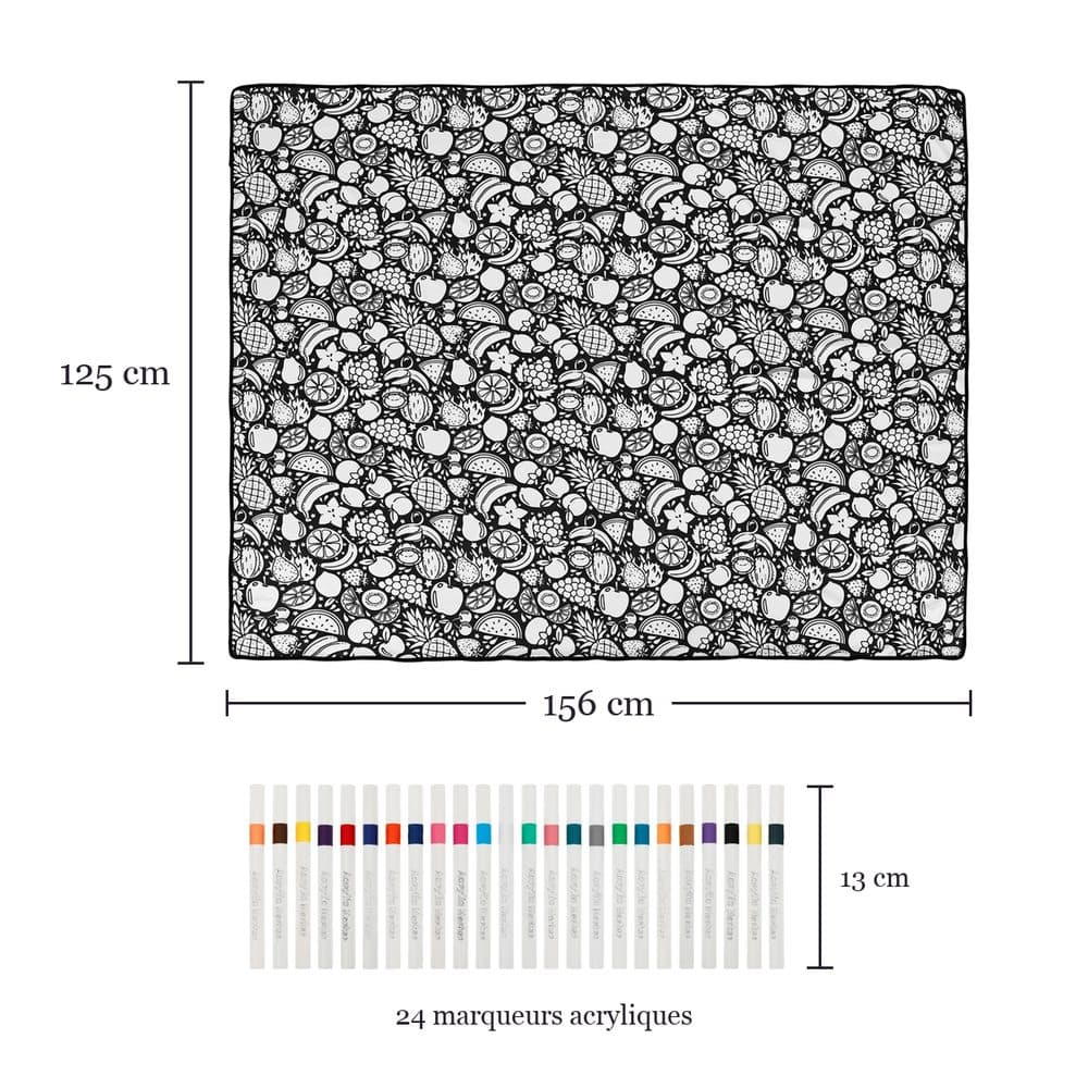 Dimensions du kit : plaid de 156 cm de large sur 125 cm de haut, et 24 marqueurs acryliques de 13 cm